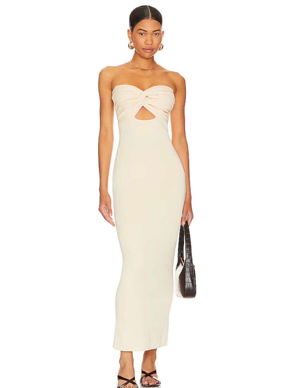 NWT SNDYS. Strapless Twist Front Cream Midi Dress